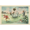 Falling Iceskating Snowman With 2 Kids / Happy New Year (Vintage PC)