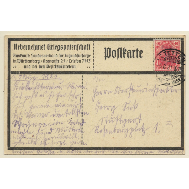 Kriegspatenschaft Württemberg / Jugendfürsorge (Vintage Artist PC 1921)