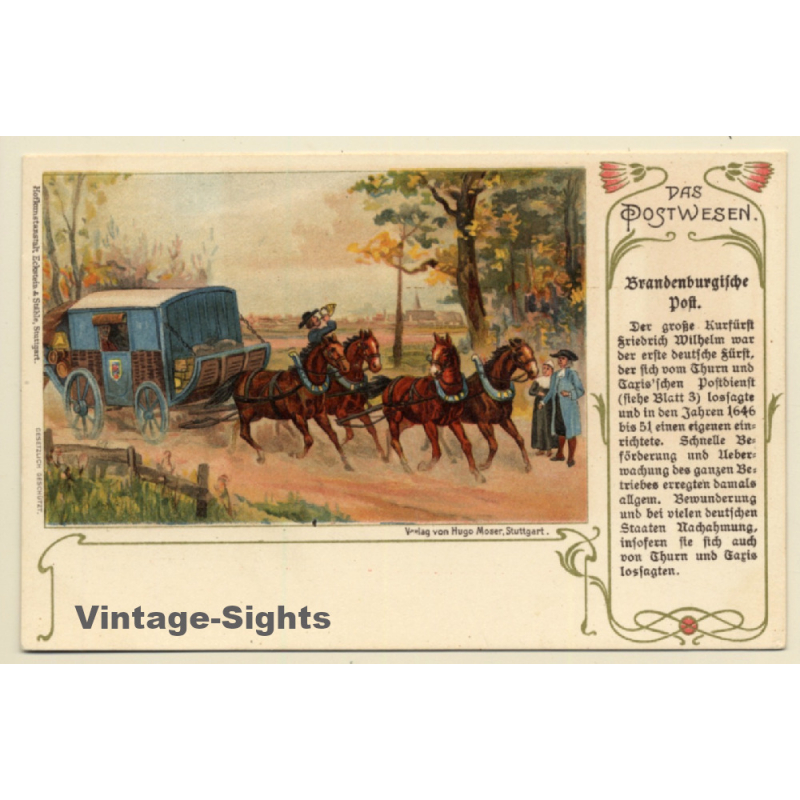 Das Postwesen: Brandenburgische Post - Pferdekutsche (Vintage PC Litho 1900)