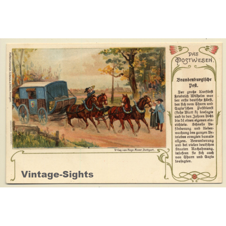 Das Postwesen: Brandenburgische Post - Pferdekutsche (Vintage PC Litho 1900)