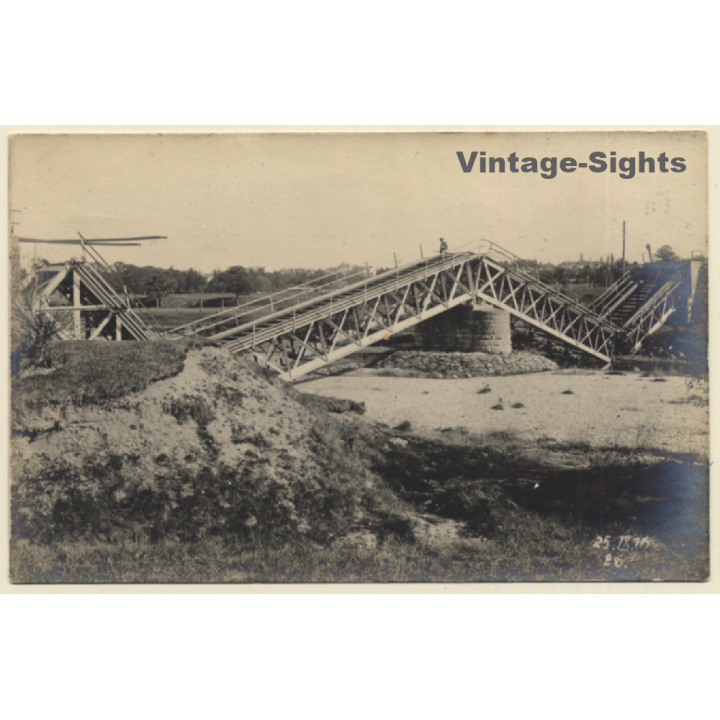 WW1: Soldier Inspecting Bombed Bridge (Vintage RPPC 1916)