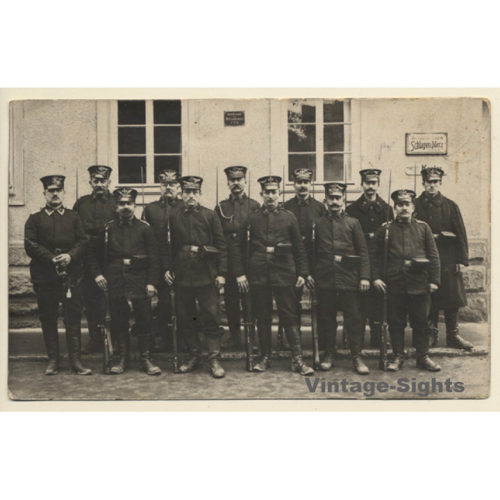 WW1: German Soldiers XIII 3 With Bayonets / Schlager & Merz Strickwaren (Vintage RPPC 1910s)