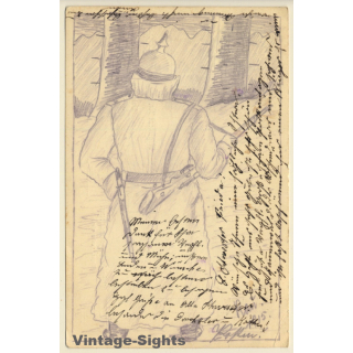 WW1: German Soldier With Coat & Rifle (Vintage Hand Drawn PC 1915)