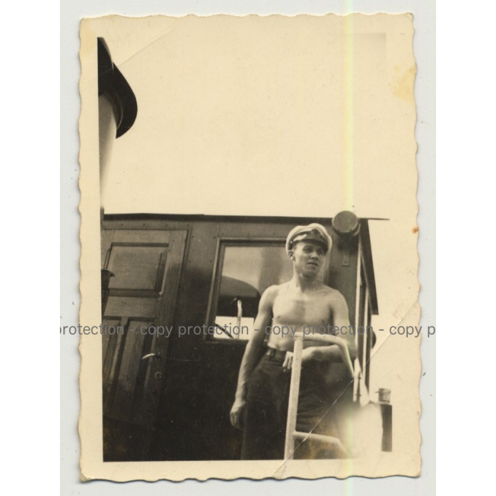 Topless German Barge Captain On Deck (Vintage Photo B/W ~1930s)