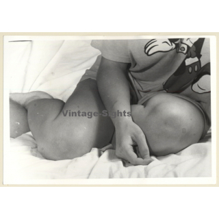 Artistic Erotic Study: Woman In Short Mickey Mouse Shirt On Bed (Vintage Photo France B/W ~1980s)