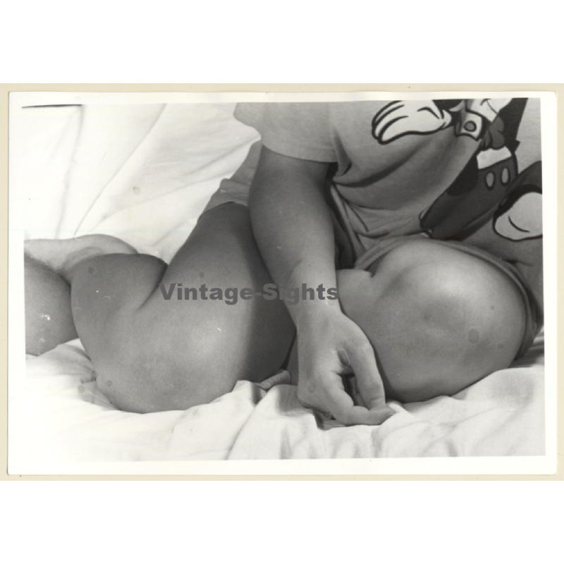 Artistic Erotic Study: Woman In Short Mickey Mouse Shirt On Bed (Vintage Photo France B/W ~1980s)