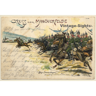 Bayerische Chevauxlegers / Gruss Manöverfelde (Vintage PC Litho 1901)