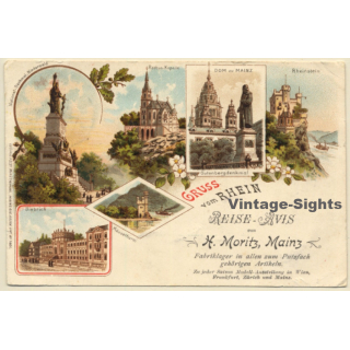 Gruss Vom Rhein / Reise Avis H.Moritz Mainz (Vintage PC Litho ~1900s)