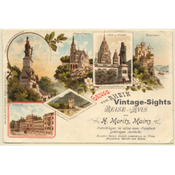 Gruss Vom Rhein / Reise Avis H.Moritz Mainz (Vintage PC Litho ~1900s)