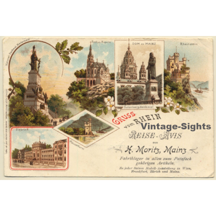 Gruss Vom Rhein / Reise Avis H.Moritz Mainz (Vintage PC Litho ~1900s)