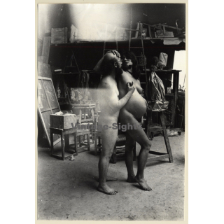 Jerri Bram (1942): Erotic Study Of Nude Couple In Artist Studio / Pregnant Woman (Vintage Photo ~1970s)