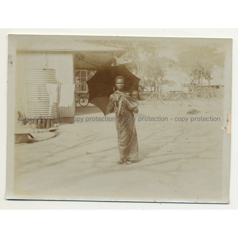 African Woman W. Parasol Carrying Baby / Congo? (Vintage Photo B/W ~ 1910s)