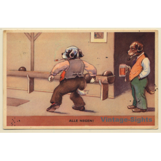 Alle Negen! Rauchende Hunde Beim Kegeln / Humor (Vintage Artist PC 1952)