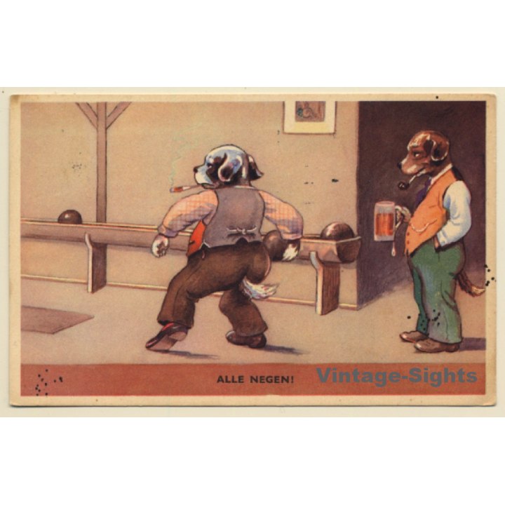 Alle Negen! Rauchende Hunde Beim Kegeln / Humor (Vintage Artist PC 1952)