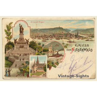 Gruss Vom Niederwald: Bingen - Nationaldenkmal (Vintage PC Litho 1898)
