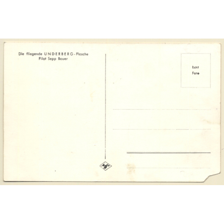 Die fliegende Underberg Flasche / Hubschrauber (Vintage RPPC ~1950s/1960s)
