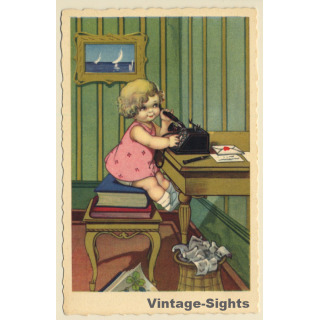 Little Girl On Telephone*1 (Vintage MONOROSS Artist PC ~1920s/1930s)