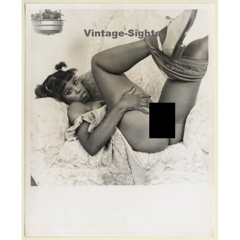 Erotic Study: Natural Dark-Skinned Nude Relaxing In Lounge Chair (Vintage Photo KORENJAK 1970s/1980s)