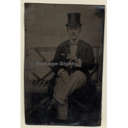 Elegant Man with Top Hat On Bench / Tintype (Vintage Ferrotype Photo 1890s/1900s)