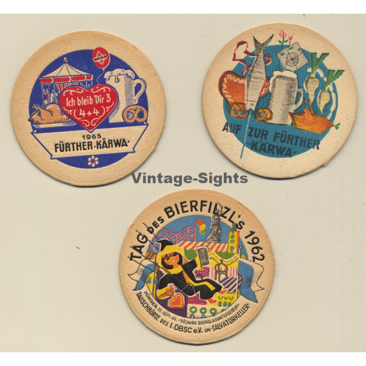 Gasolin Tankstellen / Fürther Kärwa - Tag Des Bierfilzl's (3 Vintage Advertisment Coasters / Beermats)