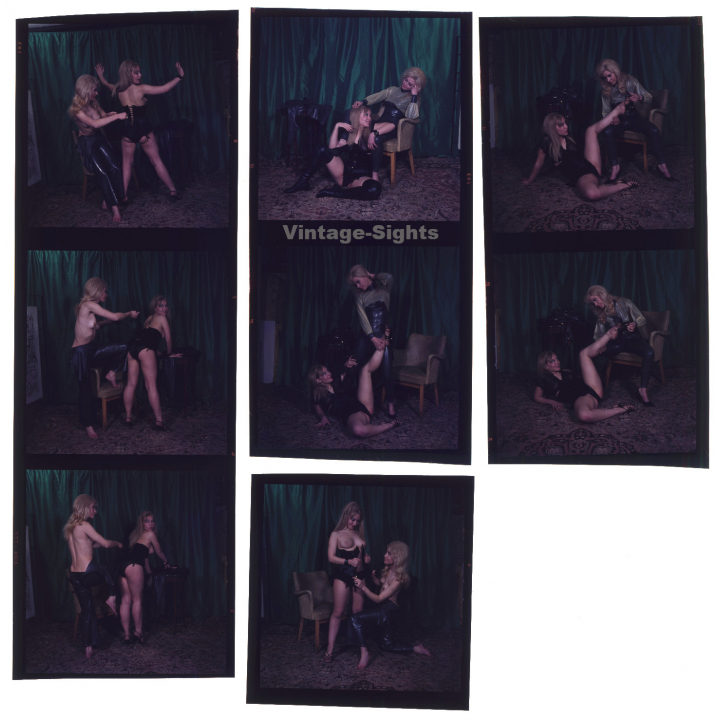 2 Semi Nudes In Lacquer Dressing Each Other (8 Vintage Diapositives ~1970s)