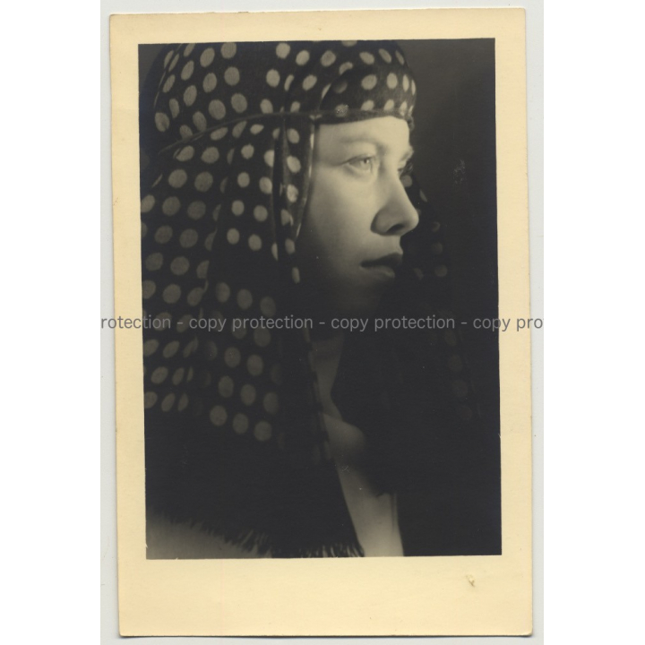Portrait Of Beautiful Blue Eyed Woman W. Headscarf (Vintage Photo B/W ~1930s)