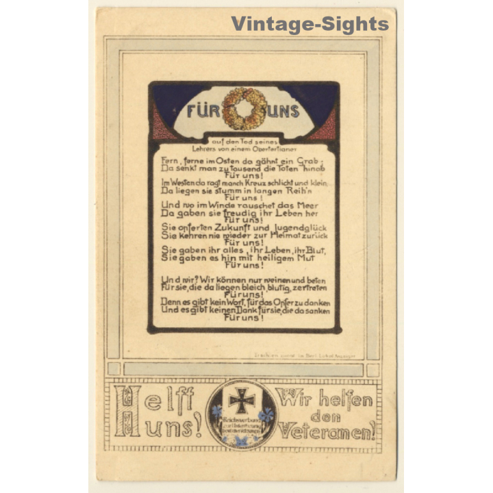 Helft uns! Wir helfen den Veteranen! Iron Cross WW1 (Vintage PC 1916)