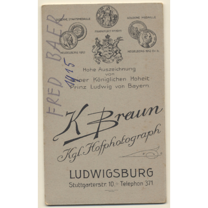 K.Braun / Ludwigsburg: Handsome Young Soldier Fred Baer in Uniform (Vintage CDV / Carte De Visite 1915)