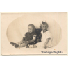 2 Sweet Baby Girls & Teddy Bear (Vintage RPPC ~1920s/1930s)