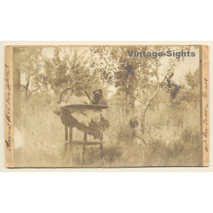 Little Baby & Teddy Bear In Garden / Highchair (Vintage RPPC 1907)