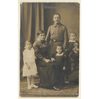 Elegant Family With Teddy Bear / Soldier - Victorian Dress (Vintage RPPC ~1910s)