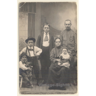 Bavarian Farmer Family With 2 Teddy Bears / Edelweiss Tracht  (Vintage RPPC ~1910s)