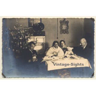 Family With Kitten & Teddy Bear / Christmas Tree (Vintage RPPC ~1910s)