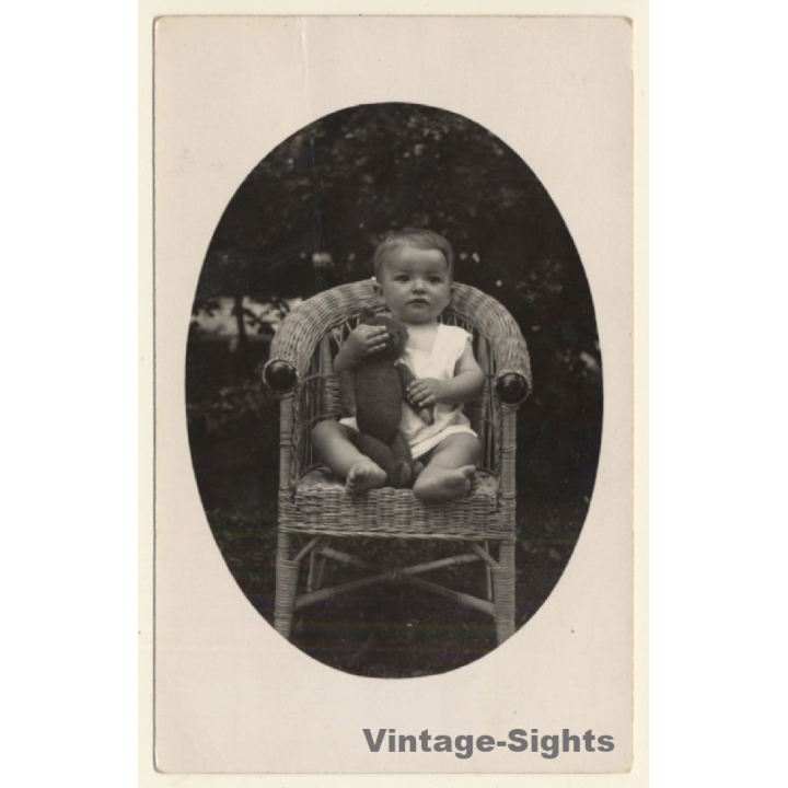 Baby With Teddy Bear In Stylish Wicker Chair (Vintage RPPC ~1910s/1920s)