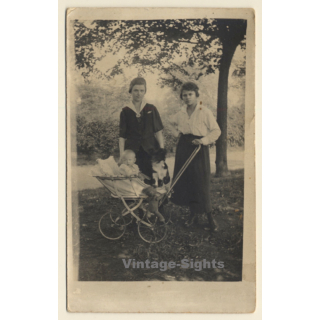 2 Young Females, Baby In Pram, Dog & Teddy Bear (Vintage RPPC 1920s/1930s)