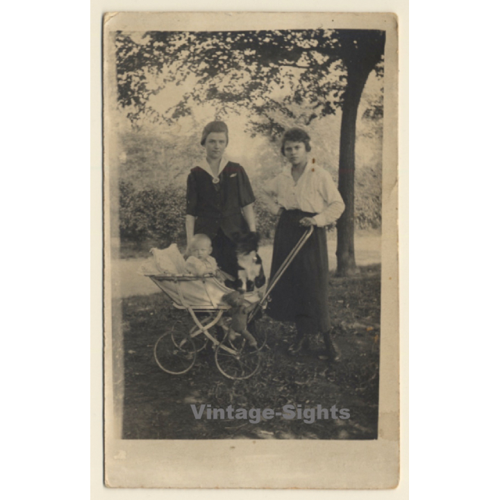 2 Young Females, Baby In Pram, Dog & Teddy Bear (Vintage RPPC 1920s/1930s)