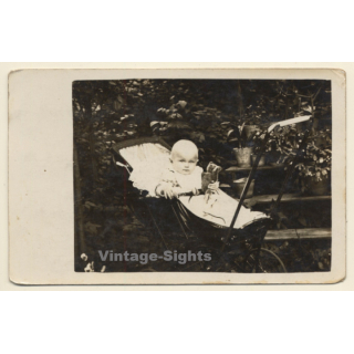 Little Baby & Teddy Bear In Stroller (Vintage RPPC 1910s/1920s)