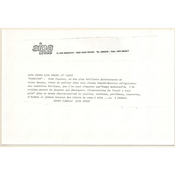 Tomi Ungerer: Fornicon / Erotic Art (Vintage Press Photo KORENJAK 1970s)