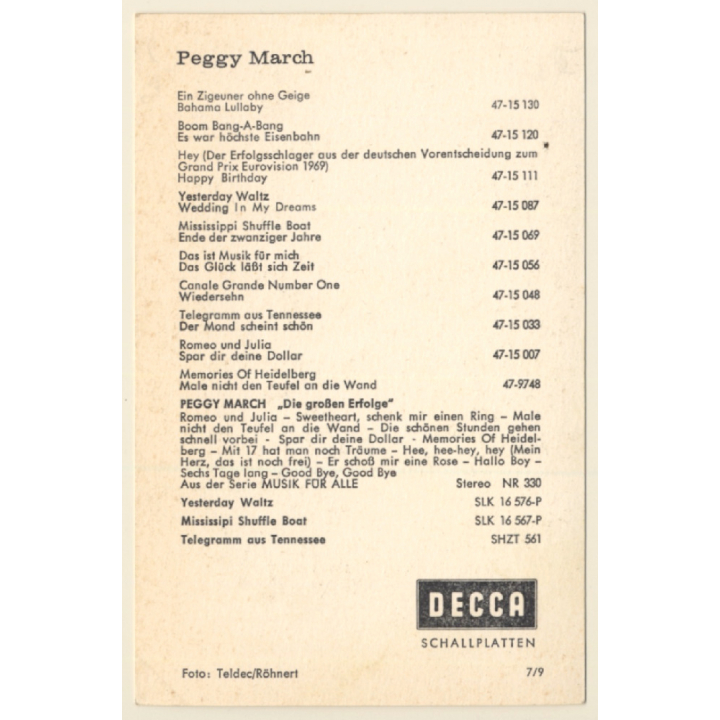Peggy March - Decca Autogramm / Autograph (Vintage Signed PC ~1960s)