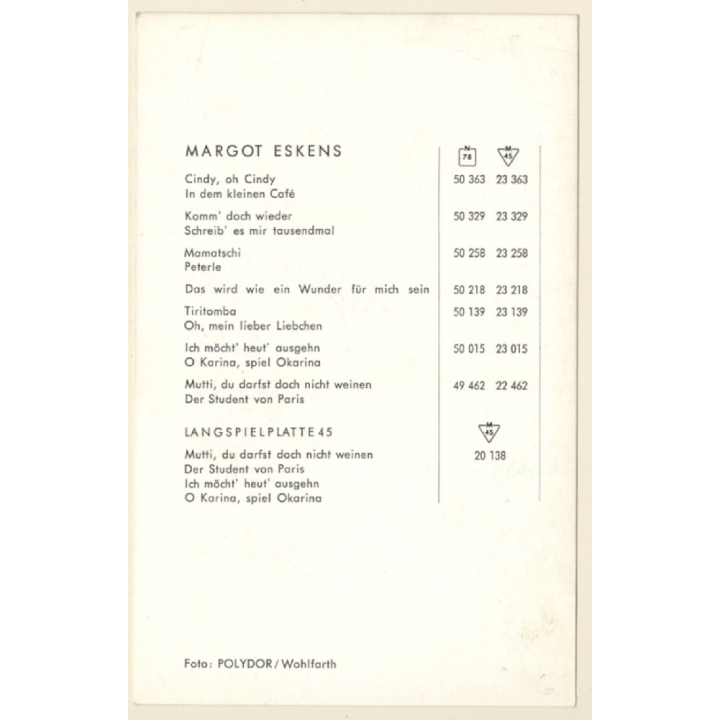 Margot Eskens Autogrammkarte / Autograph (Vintage Signed PC ~1960s)