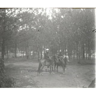 Laos: Missionary P. Favrel & A.P. Detry On Horses (Vintage Stereo Glass Plate ~1920s/1930s)