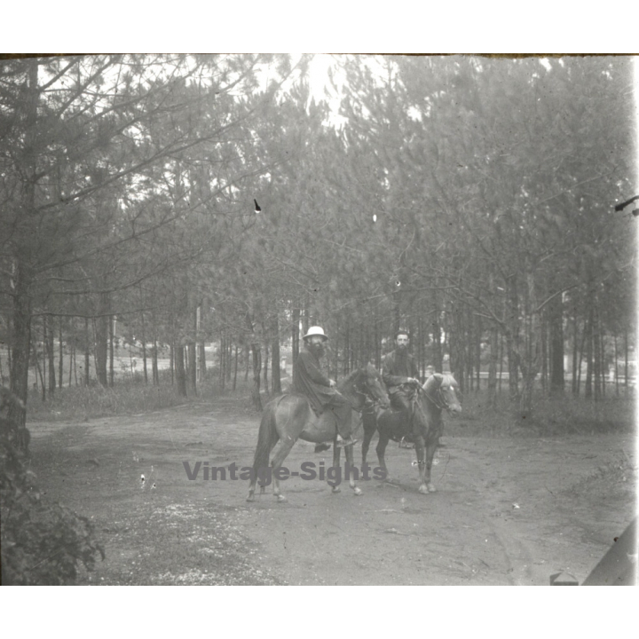 Laos: Missionary P. Favrel & A.P. Detry On Horses (Vintage Stereo Glass Plate ~1920s/1930s)