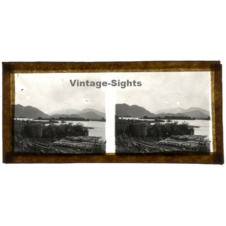 Nha Trang / Vietnam: Wood Logs On Beach - Native With 2 Baskets (Vintage Stereo Glass Plate ~1920s/1930s)