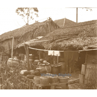 Indochina: Backyard Of Straw Hut / Laos? Vietnam? (Vintage Stereo Glass Plate ~1920s/1930s)