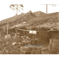 Indochina: Backyard Of Straw Hut / Laos? Vietnam? (Vintage Stereo Glass Plate ~1920s/1930s)
