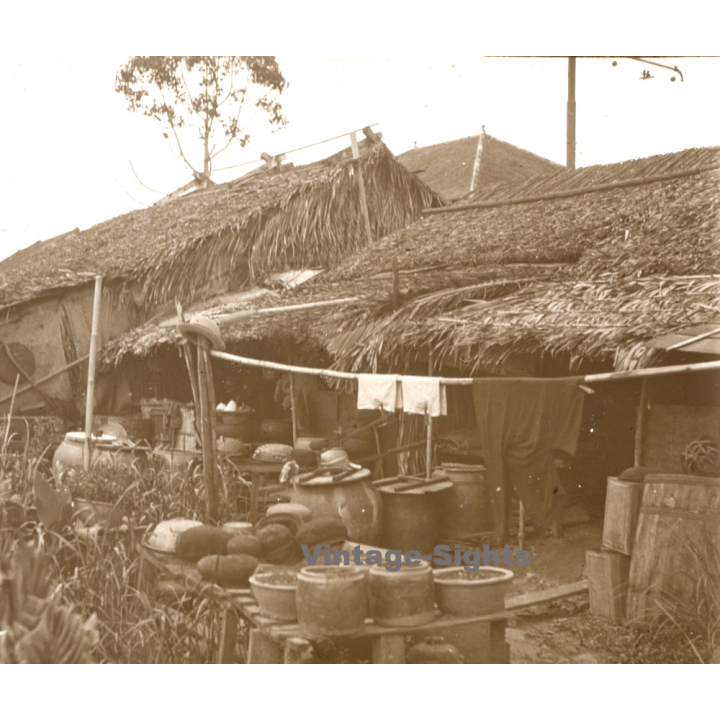 Indochina: Backyard Of Straw Hut / Laos? Vietnam? (Vintage Stereo Glass Plate ~1920s/1930s)