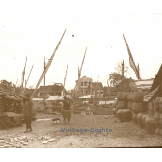 Indochina: Barges - Pots - Shipyard / Laos? Vietnam? (Vintage Stereo Glass Plate ~1920s/1930s)
