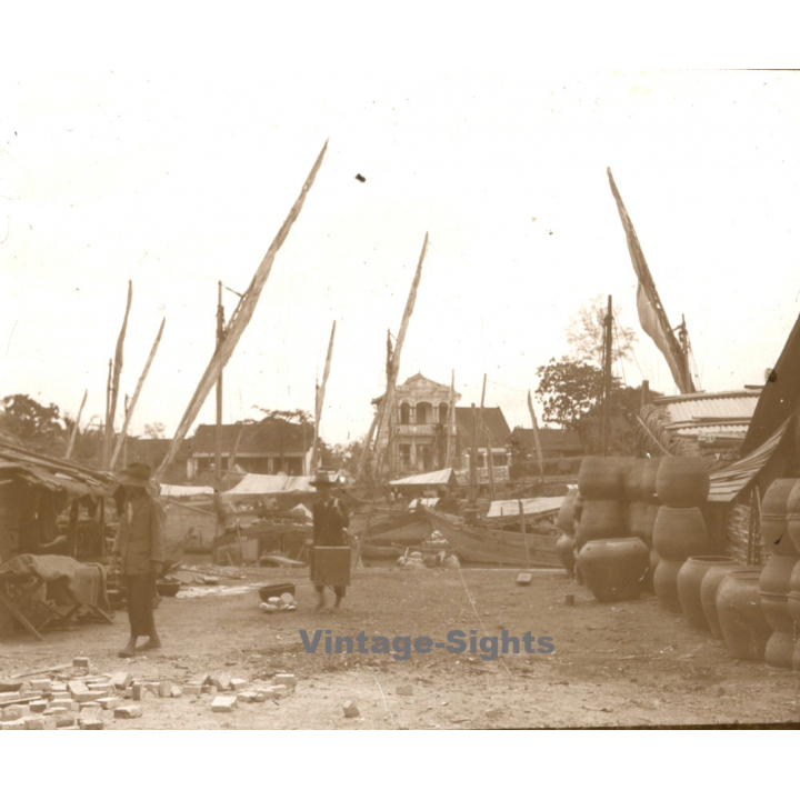 Indochina: Barges - Pots - Shipyard / Laos? Vietnam? (Vintage Stereo Glass Plate ~1920s/1930s)