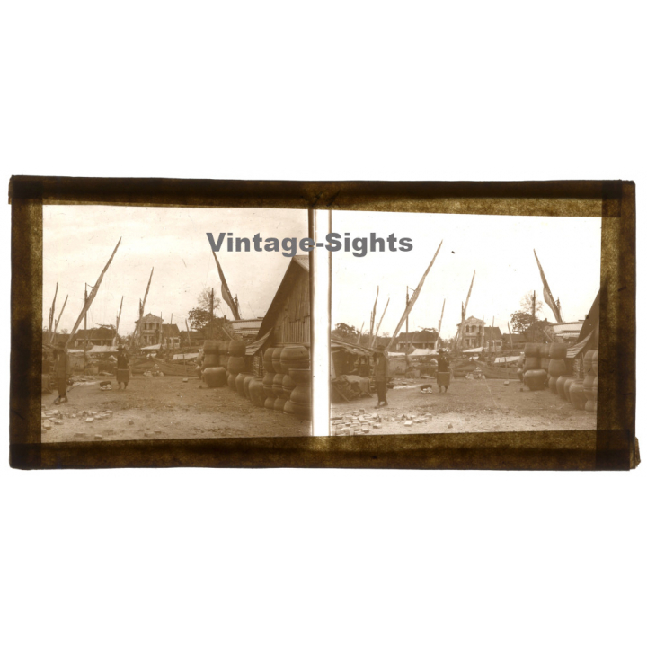 Indochina: Barges - Pots - Shipyard / Laos? Vietnam? (Vintage Stereo Glass Plate ~1920s/1930s)