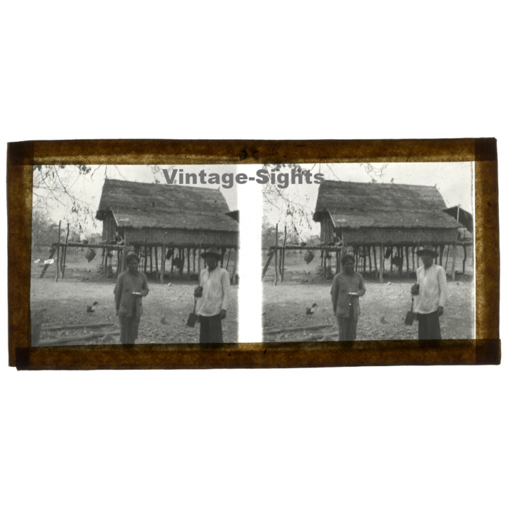 Indochina: Pile Dwelling - Stilt House / Laos? Vietnam? (Vintage Stereo Glass Plate ~1920s/1930s)